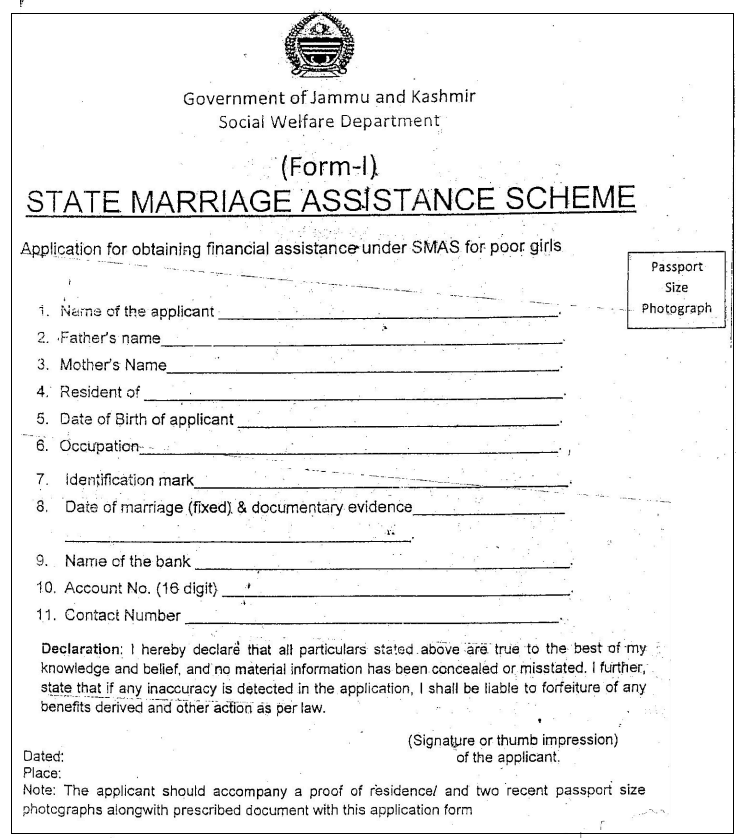Jammu Kashmir Marriage Assistance Yojana form